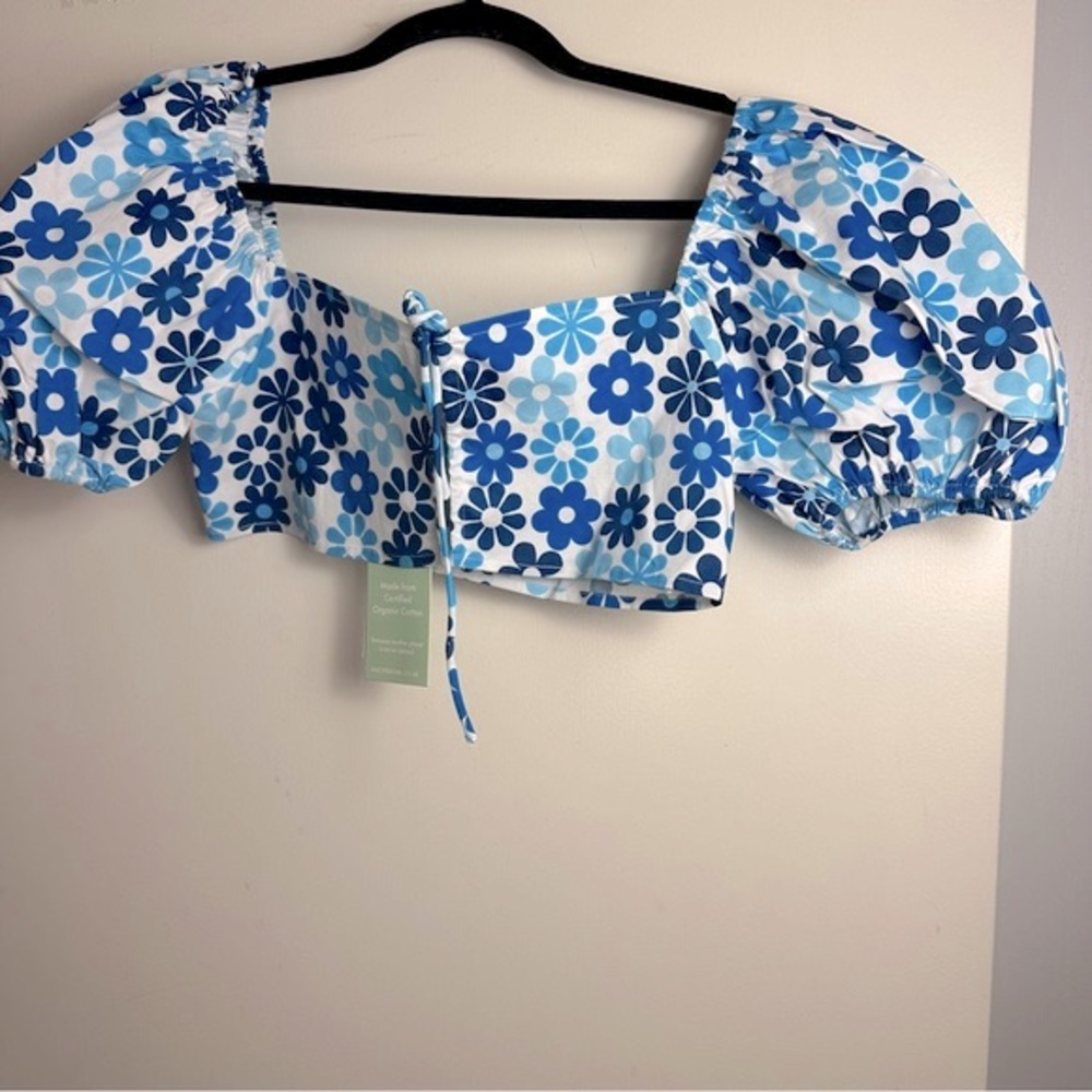 Another Girl X Dolls Kill Blue Floral Puffy‎ Sleeves Organic Cotton Top NWT